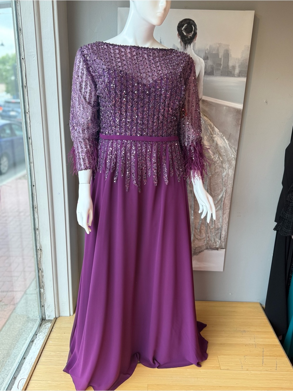 Terani Couture Plum Beaded Long Sleeve Evening Gown